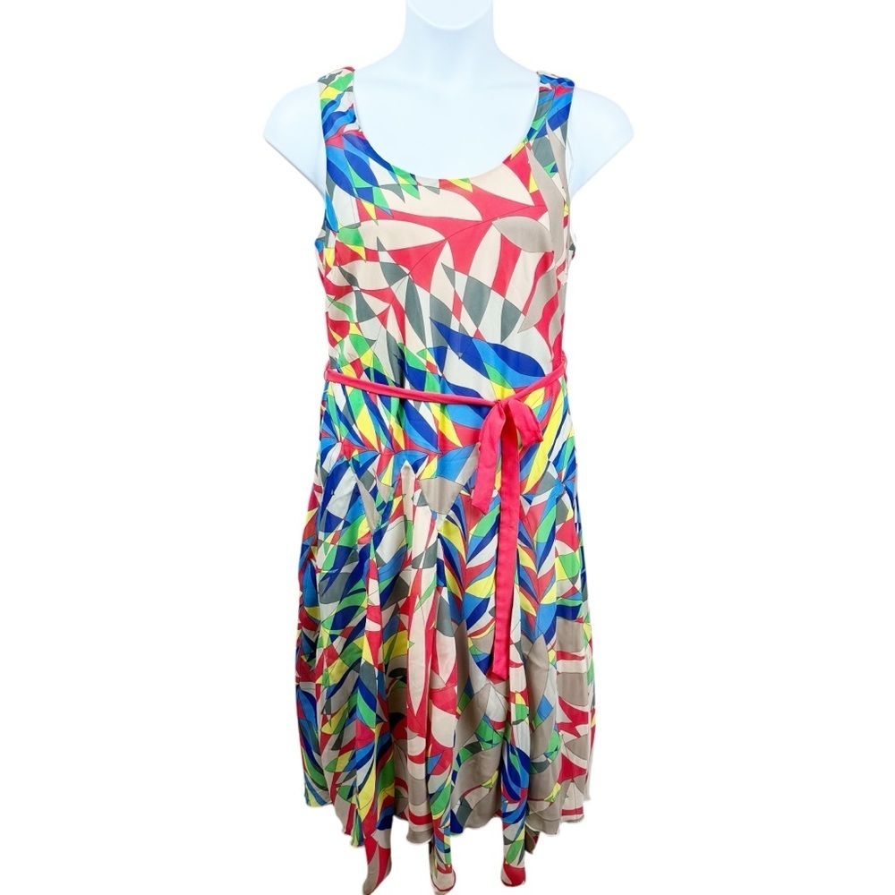 Signature by Robbie Bee Multicolor Midi Geo Print Belted Sleeveless Dress